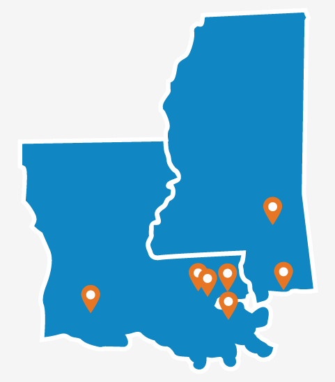 blue outline of Louisiana and Mississippi with orange colored pings to show the areas that Pride Roofing LLC serves