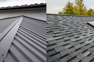 Photos of metal roofing and shingle roofing for comparison.