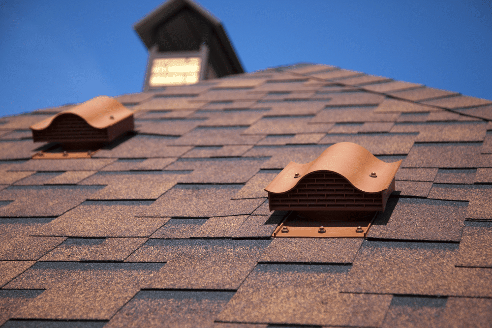 Roof ventilation, roofing services in Hammond, LA by Pride Roofing. Image of roof vents on asphalt shingles, showcasing professional roofing services designed to improve airflow, protect home safety, and extend roof performance.